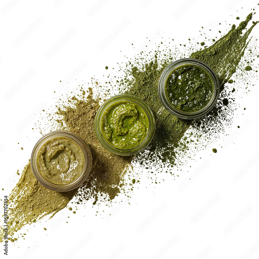 Aufkleber array of verdant pastes in glass jars on an angular dust and powder trail isolated