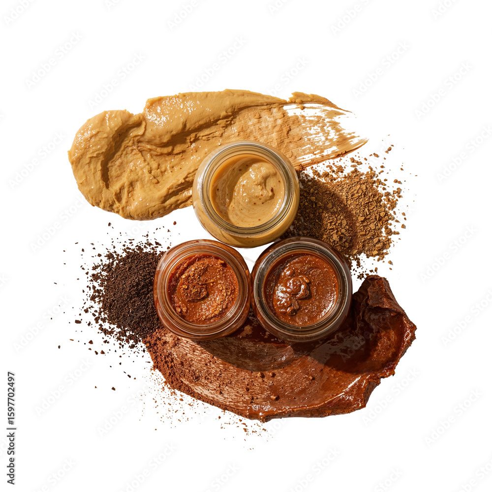 Aufkleber artistic arrangement of nut butters and spreads in glass jars on isolated transparent setting