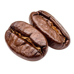 Close up view of two roasted coffee beans with rich brown color and visible crevice isolated on transparent background. PNG die-cut for advertising