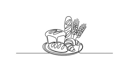 Bread loaf, croissant and baguette with wheat, bakery food line drawing vector illustration