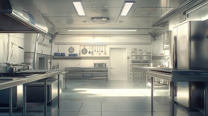 Interior shot of a modern, spacious commercial kitchen.