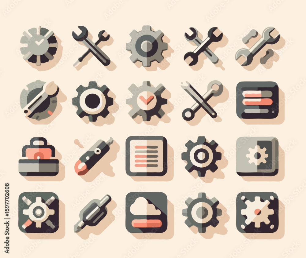 Poster flat style vector icons for tools and settings