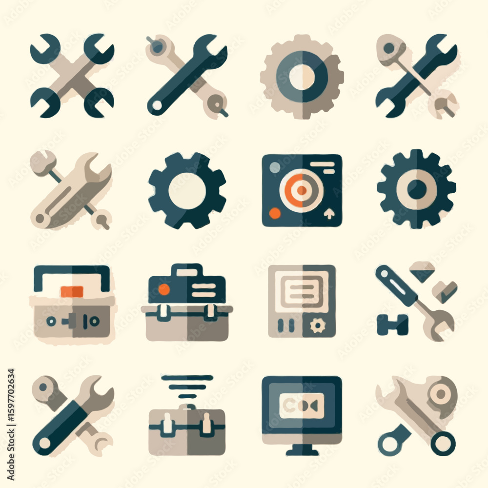 Poster flat style vector icons for tools and settings