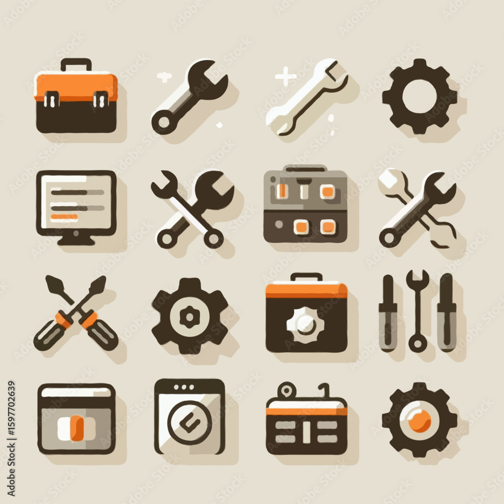 Poster flat style vector icons for tools and settings