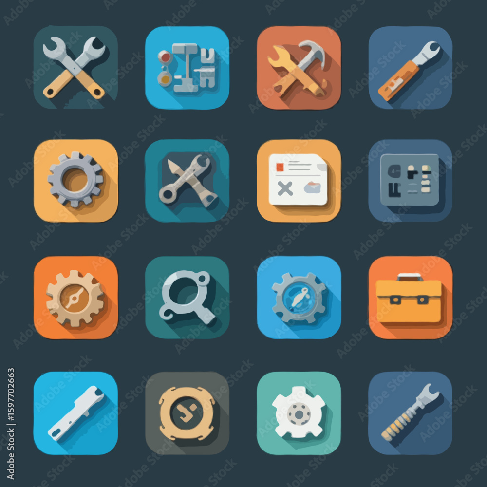 Poster flat style vector icons for tools and settings