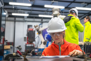 Expertise female robotic technician woman working on artificial intelligent  robot arm 