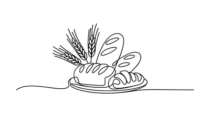 Loaves and baguettes with wheat spikes, bakery goods line sketch vector illustration