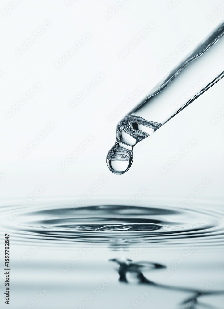 Poster a single clear water drop falling from glass eyedropper creating perfect circular ripples on smooth 