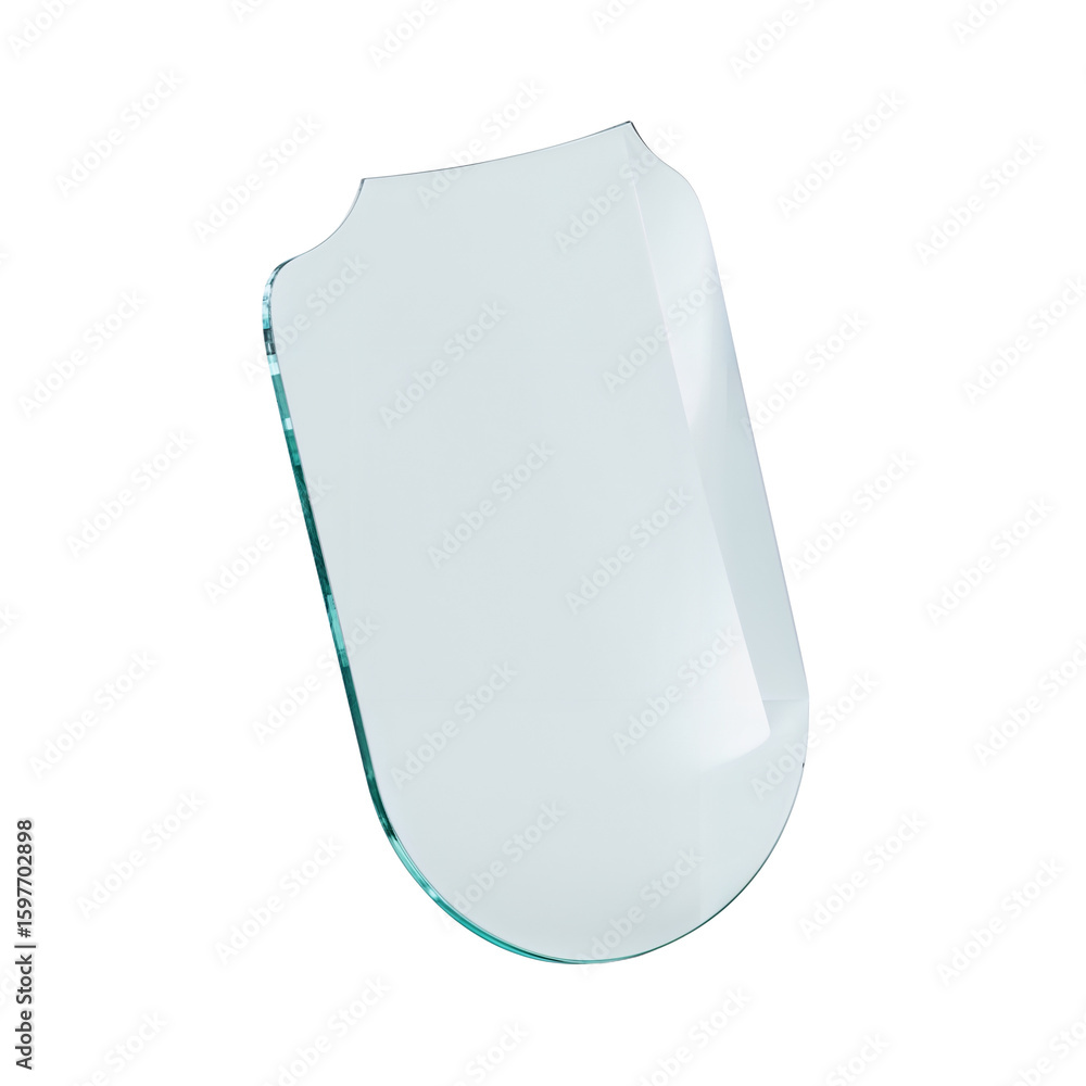 Poster isolated fragment of glossy shield-shaped glass with subtle reflections on transparent area