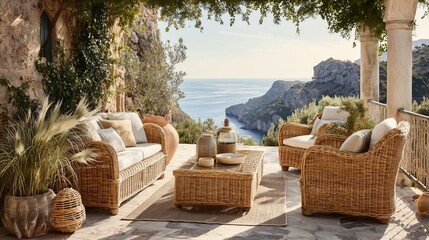 sunlit terrace with rattan furniture and sea view in background