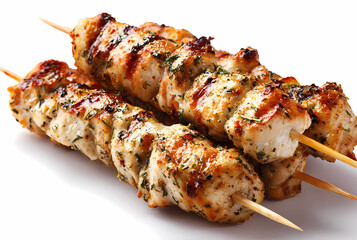 Grilled chicken kebabs are isolated on white background