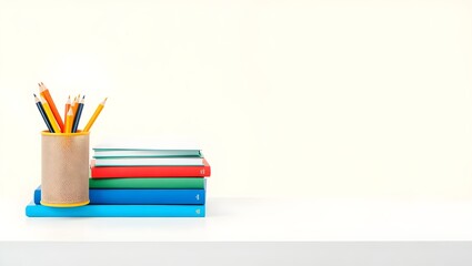 Fototapeta premium Minimalist Stack of Books with Colorful Pencil Holder on White Table with Pastel Background Copy Space