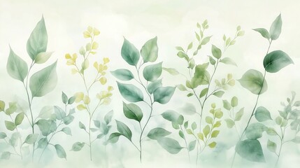 Watercolor Green Leaves with Yellow Blossoms on Soft Background

