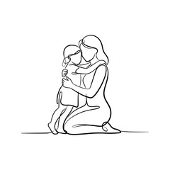 Tender mother and child embrace in continuous line drawing, family care vector illustration