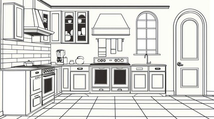 Line drawing of a kitchen interior design.