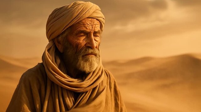Weathered elderly nomad in desert turban gazes over sun-lit dunes, cinematic portrait of timeless resilience and cultural heritage, generative AI