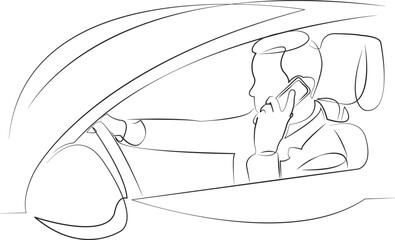 One continuous line drawing on white isolated background. Minimalism linear illustration. person, mobile phone, talking, phone, man, car, communication, technology, transportation, businessman