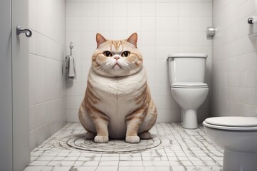Large ginger cat sits in a small bathroom