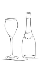 One continuous line drawing on white isolated background. Minimalism linear illustration. celebration, bubble, drink, luxury, champagne, glasses, wine, christmas, fizz