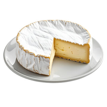 A round wheel of brie cheese on a white plate with a slice removed revealing its creamy interior and soft white rind isolated on transparent background. PNG die-cut for advertising