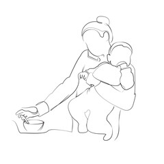 One continuous line drawing on white isolated background. Minimalism linear illustration. mother, woman, children, family, phone, indoor, talking, adult, baby, businesswoman