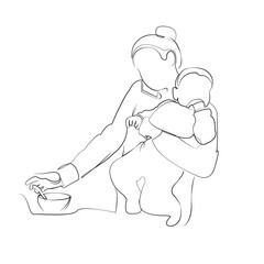 One continuous line drawing on white isolated background. Minimalism linear illustration. mother, woman, children, family, phone, indoor, talking, adult, baby, businesswoman