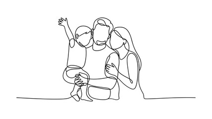 Happy family hugging father mother child line drawing sketch vector illustration