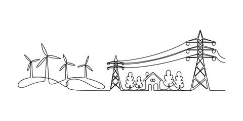Green energy windmill and house with electric tower in line art vector illustration