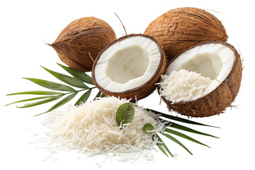 Freshly grated coconut and whole coconuts with palm leaves isolated on transparent background