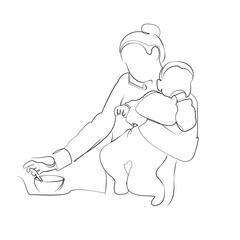 One continuous line drawing on white isolated background. Minimalism linear illustration. mother, woman, children, family, phone, indoor, talking, adult, baby, businesswoman