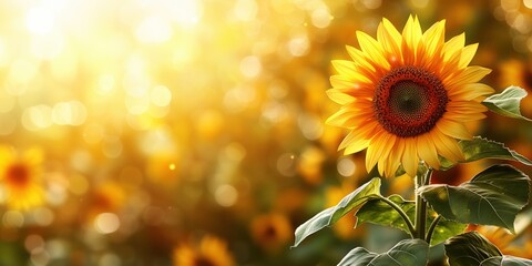 Naklejka premium Vibrant sunflower in sunlight with a blurred summer background and copy space. Free space for text. Horizontal banner