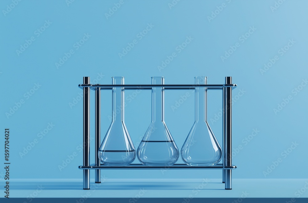Poster minimalist industrial science lab setup with three transparent glass flasks on solid blue background