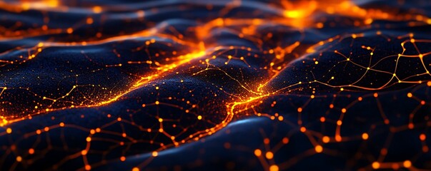 Sapphire and ember colored neuro-channels spreading across digital fluid space