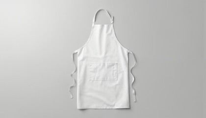 Clean white apron mockup with pocket, shown on neutral grey background. Cotton fabric textile, ideal for culinary branding, restaurant, cafe, bakery, chef uniform or workwear design.