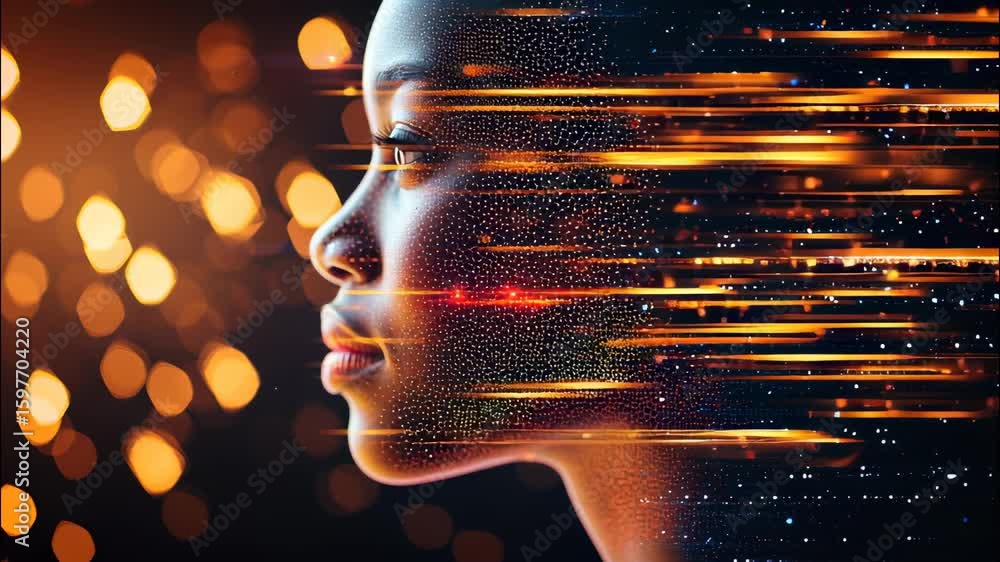 Poster binary code streams across a in face, symbolizing the integration of technology and humanity woman's
