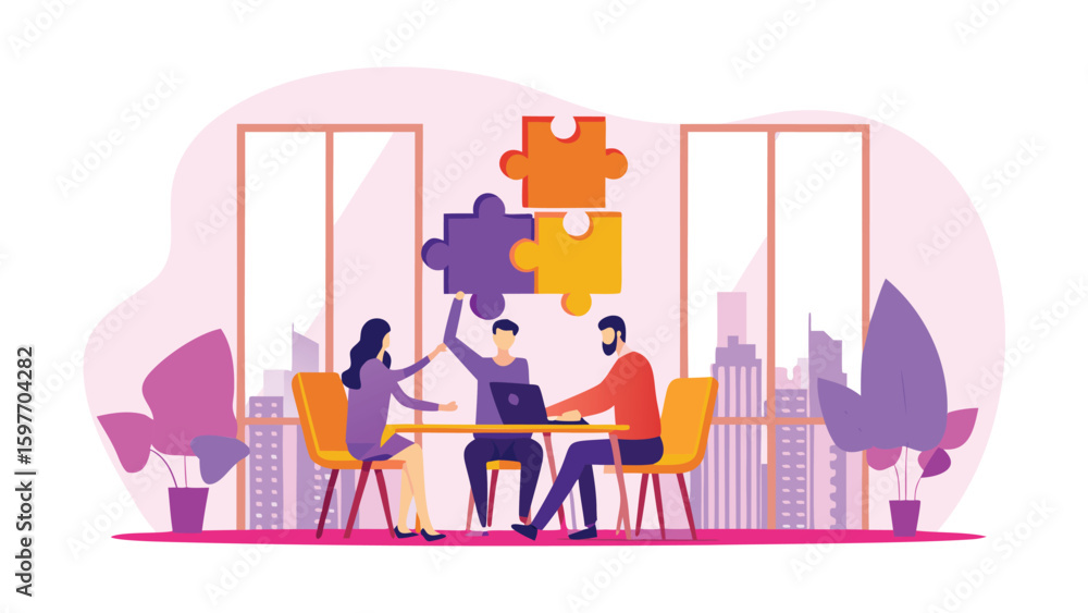 Aufkleber team collaborating on puzzle pieces at a table in an office with a city view through windows