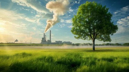 Video with panoramic view of industrial complex and nature. Excellent choice for documentary projects and advertising related to environmental technologies.
