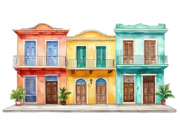 Fototapeta premium Cuban row houses architecture illustration watercolor.