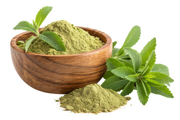 Wooden bowl filled with green stevia powder and fresh stevia leaves isolated on transparent background