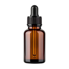 Fototapeta premium Amber glass dropper bottle with black cap and visible liquid droplet transparent