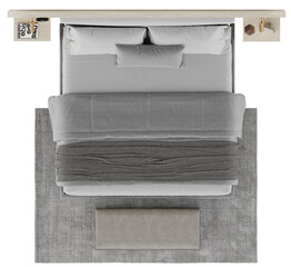 Top view of modern bed with pillows, blanket, and nightstands isolated on transparent background