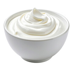 Swirls of thick smooth white cream elegantly piled high in a simple white bowl isolated on transparent background. PNG die-cut for advertising