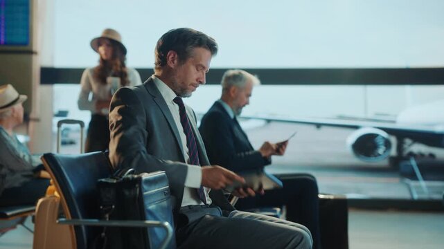 A man in a suit sits at an airport terminal with other travelers in the background, suggesting a business trip or travel scene.