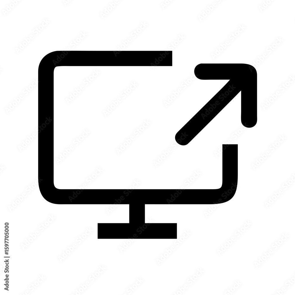 Poster a simple line art icon of a monitor with an outward-pointing arrow, ideal for websites/blogs on exte