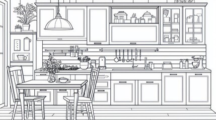 Fototapeta premium Detailed line drawing of a cozy kitchen interior.