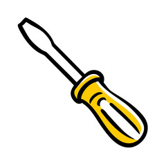 This doodle-style icon features a slotted screwdriver with a yellow handle, suitable for websites or blogs related to tools, repair, construction, DIY, or maintenance.


