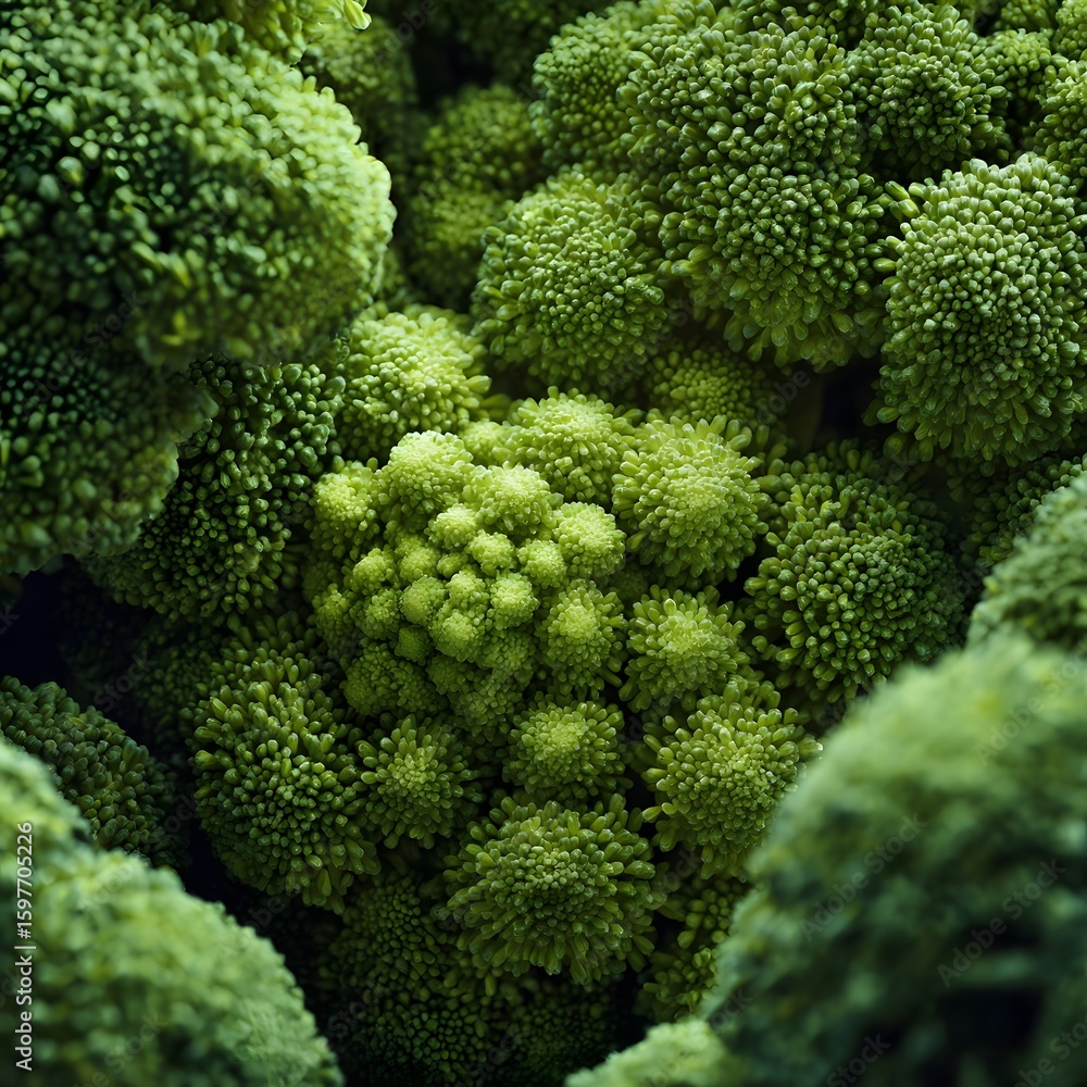 Poster close-up view of vibrant green broccoli florets showcasing intricate textures and patterns