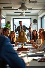 Sales Team Celebrating Hitting a Target by Ringing a Deal Bell
