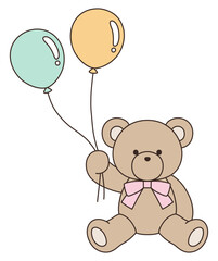 リボンをつけたかわいいくまのぬいぐるみのベクターイラスト。熊、アイコン、風船、テディベア