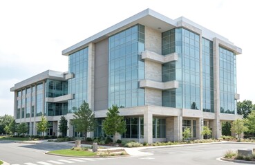 Modern office building with glass facade, stone accents features pro landscaping. Contemporary corporate structure offers clean lines, bright, airy interior visible through large windows. Ideal for